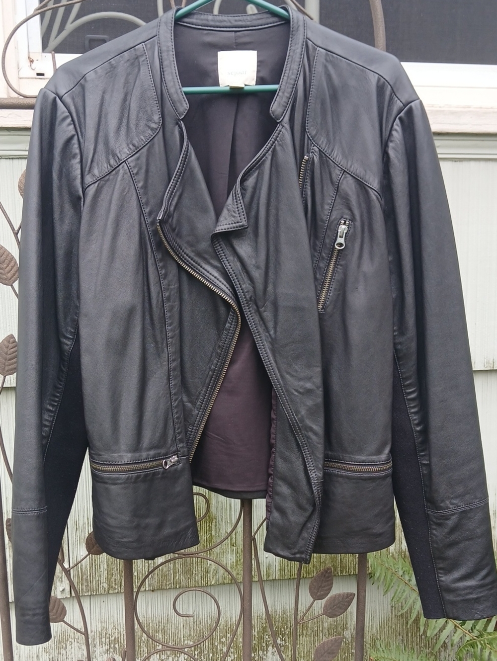 Sejour Black Leather Asymmetrical Zip Jacket